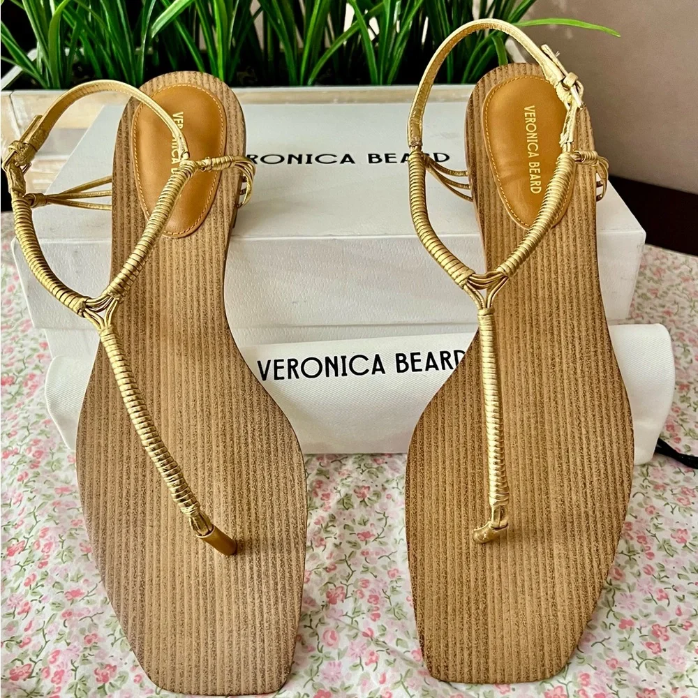 VERONICA BEARD Amelia Gold Ridged Wood Thong Sandal Size 12 - Picture 9 of 10